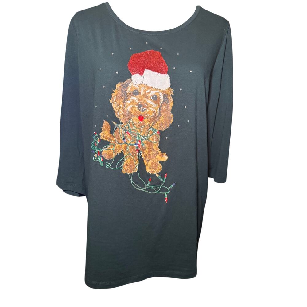 Catherines Christmas Puppy Dog Top, Forest Green, Holiday, Plus Size 14/16W